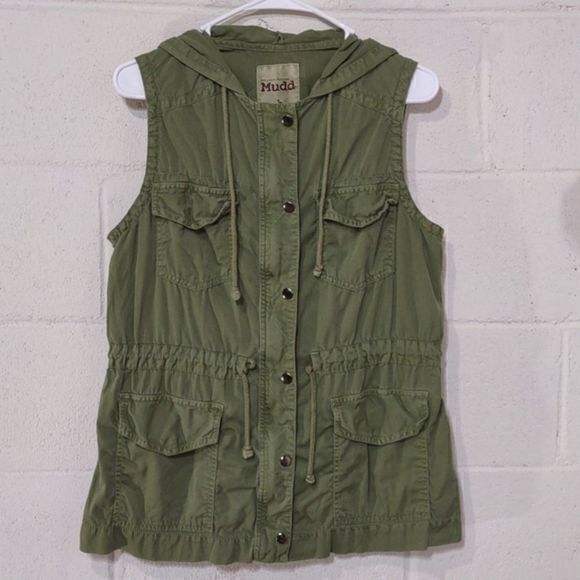 Mudd Olive Green Hooded Cotton Utility Vest with Cinch Tie Waist Juniors Sz L - Picture 1 of 9